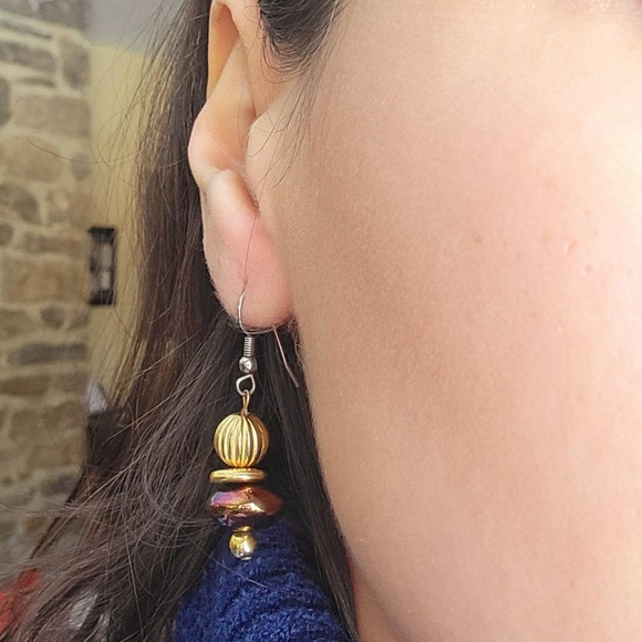 Vintage Gold & Purple Boho Beaded Bohemian Dangle Drop Hook Earrings - Picture 1 of 7